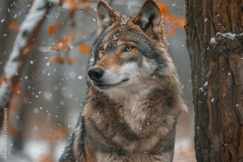 A gray wolf looking at a snow covered tree  high quality  high resolution