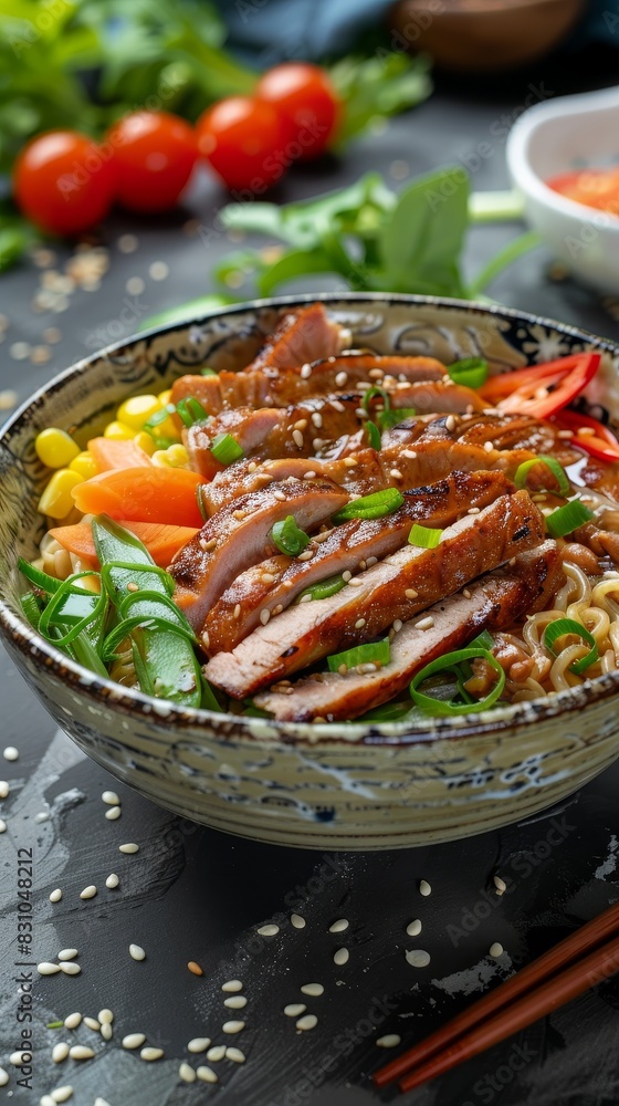 Delicious Plant-Based Ramen Bowl with Meat Alternatives and Fresh Veggies in Ceramic Dish Delicious Plant-Based Ramen Bowl with Meat Alternatives and Fresh Veggies in Ceramic Dish