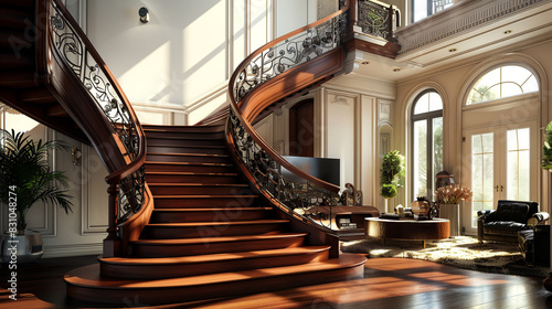An elegant  grand American-style staircase with rich mahogany wood and ornate iron railings in a modern living room  bathed in natural light
