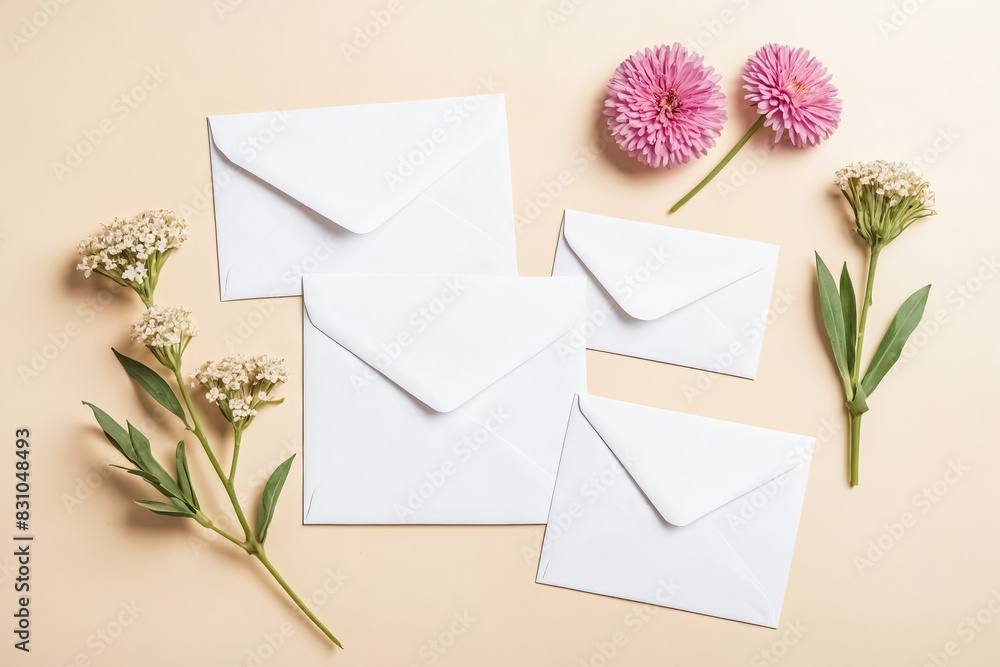 White Envelopes and Flowers on Beige Background White Envelopes and Flowers on Beige Background