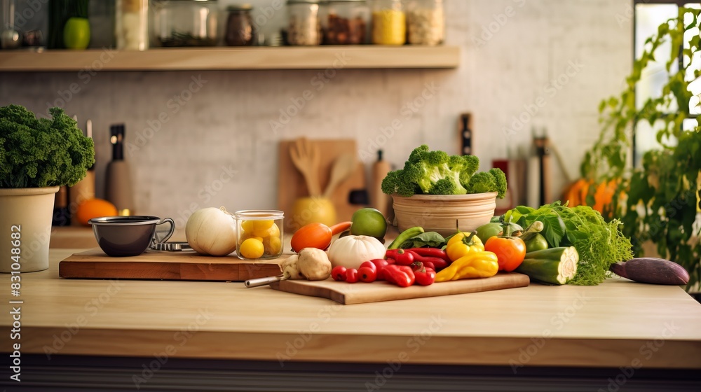 A kitchen countertop with various fresh vegetables and cooking ingredients, perfect for healthy meal preparation, surrounded by a cozy environment. A kitchen countertop with various fresh vegetables and cooking ingredients, perfect for healthy meal preparation, surrounded by a cozy environment.
