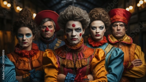 A dramatic group of actors in vibrant historical costumes and striking makeup poses confidently