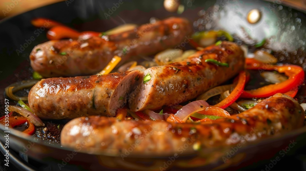 A photorealistic image of a plant-based sausage being cooked in a pan, with onions and peppers