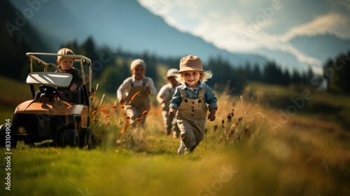 Happy children run in an idyllic countryside setting with a toy vehicle and mountains in the background © AS Photo Family