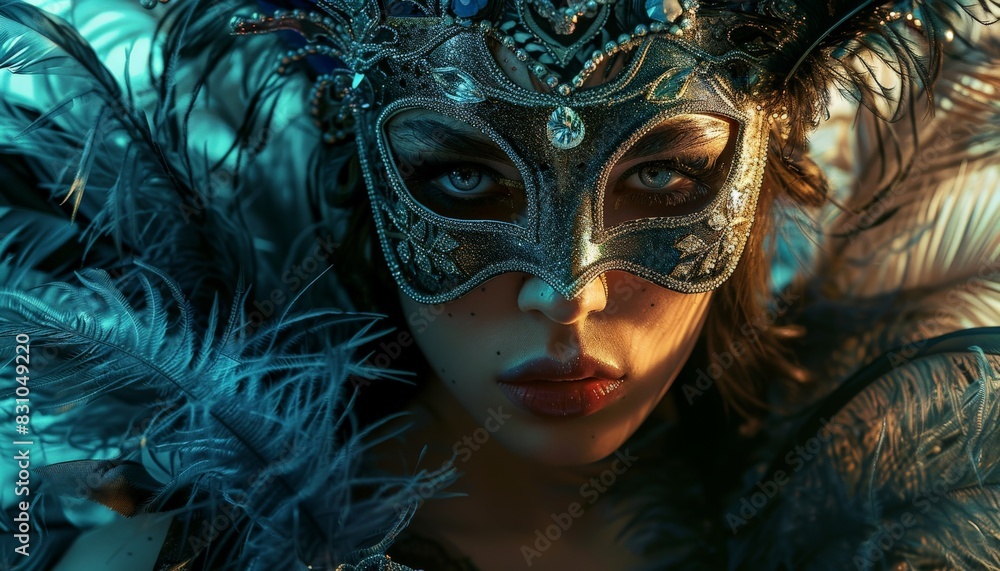 A woman wearing a Venetian mask with blue feathers