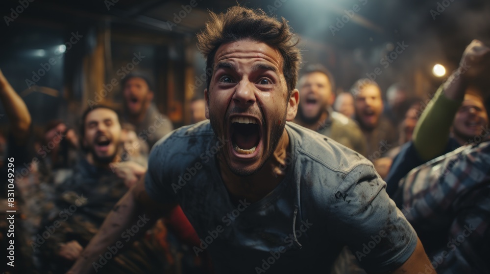 An enthusiastic sports fan screams with joy amongst a crowd of supporters An enthusiastic sports fan screams with joy amongst a crowd of supporters
