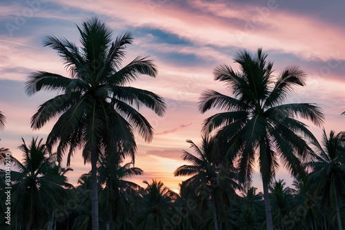 Tropical sunset with palm trees against colorful sky exudes relaxation and peace.