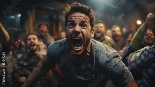 An enthusiastic sports fan screams with joy amongst a crowd of supporters photo