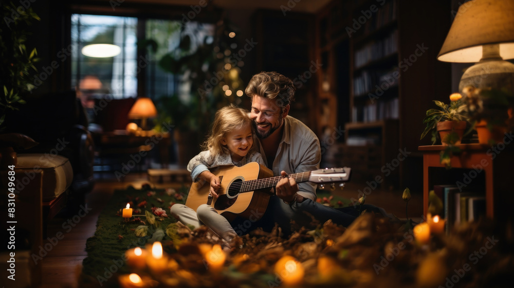 Cozy scene of a father teaching his young daughter to play guitar amidst a room decorated with autumn foliage