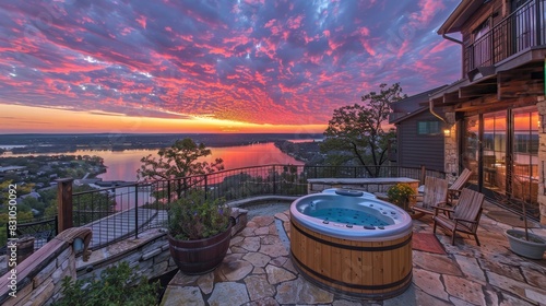 Fototapeta Naklejka Na Ścianę i Meble -  Scenic possum kingdom lake sunset view from cedar tub on hilltop overlooking the water