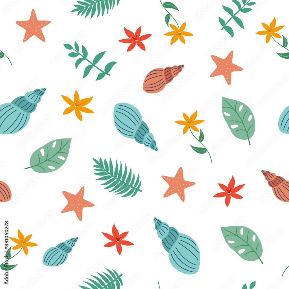 Summer seamless pattern. Summer concept. Background of plants and shells isolated on white. Hand drawn flat illustration. Summer seamless pattern. Summer concept. Background of plants and shells isolated on white. Hand drawn flat illustration.