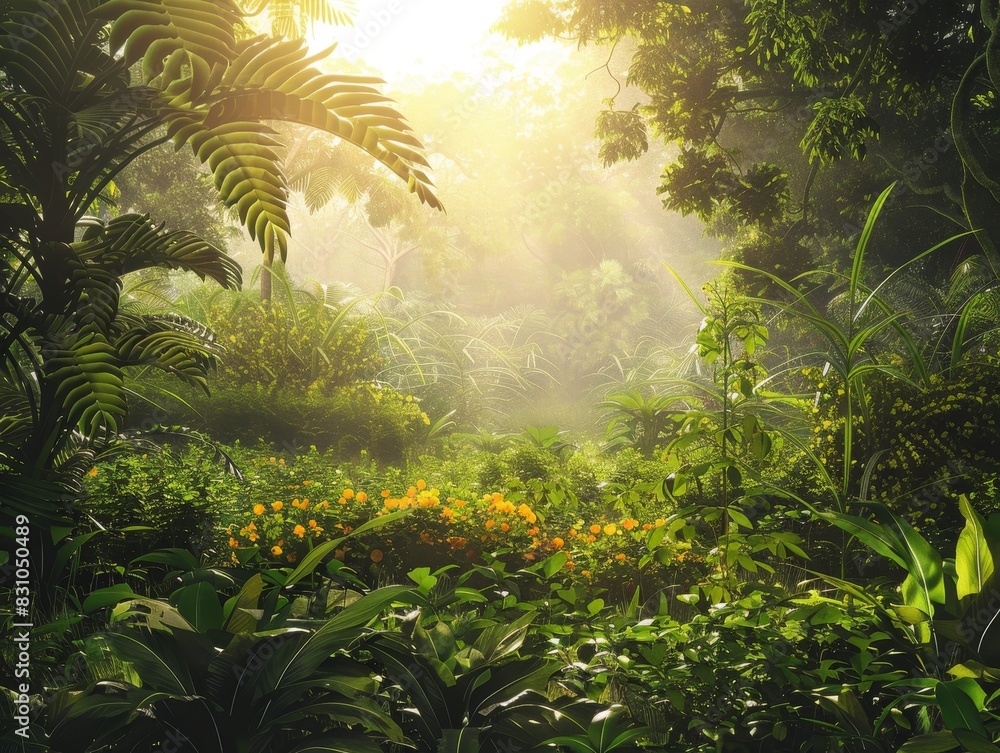 Naklejka premium Lush Agroforestry Landscape with Vibrant Green Foliage and Natural Lighting
