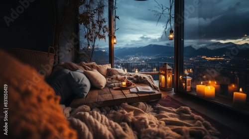 A tranquil setting featuring a cozy balcony with a pallet bed, warm blankets, and candles overlooking a mountainous landscape at dusk photo