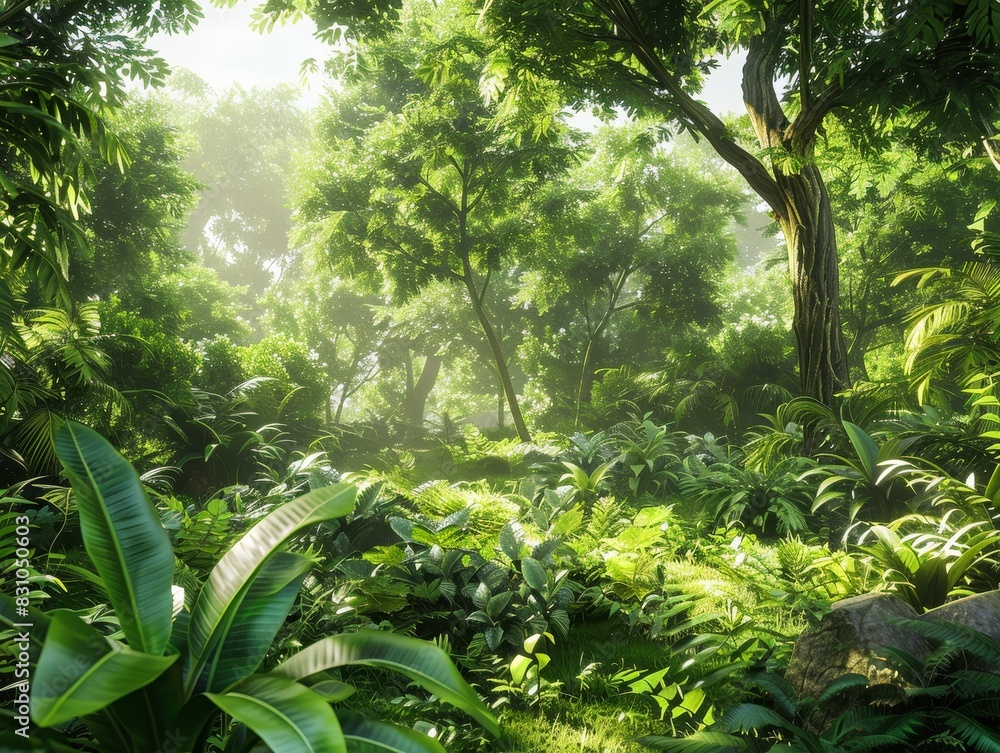 Obraz premium Lush Agroforestry Paradise â€“ Tranquil Landscape with Rich Flora and Sunlit Canopy