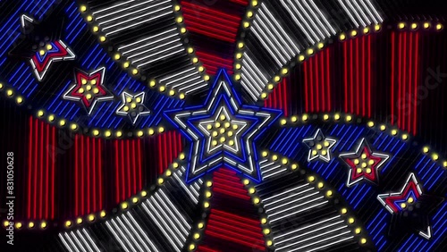 Neon sign animation in USA colors, red, white, blue. Fourth of July American Independence Day and patriotic themes, also for celebrations. There are several loopable sections.