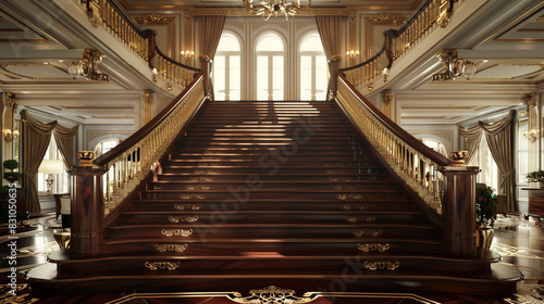 A grand  traditional American-style staircase with mahogany steps and gold-accented railings  in a luxurious  classic home