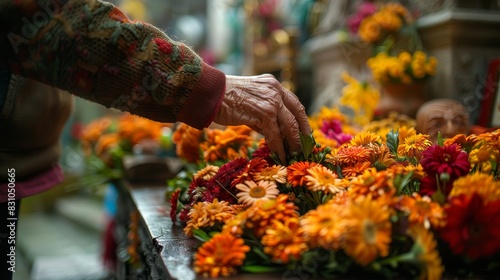 A heartfelt tribute to ancestors as flowers are placed on a shrine, honoring their memory with respect and remembrance, Created with Generative AI. photo