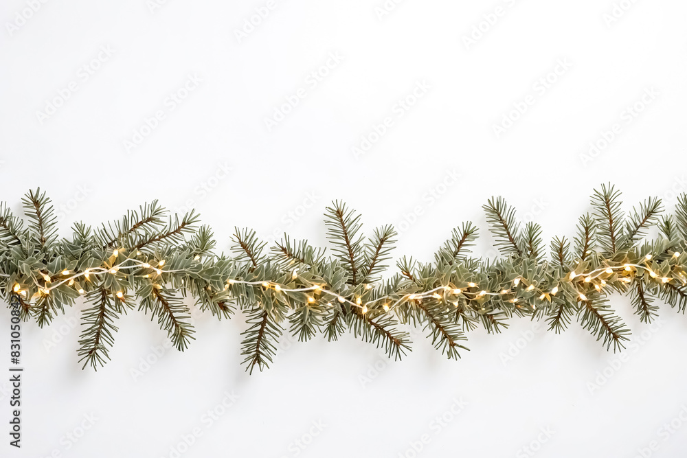 Christmas Lights and Pine Branches on White Background Christmas Lights and Pine Branches on White Background