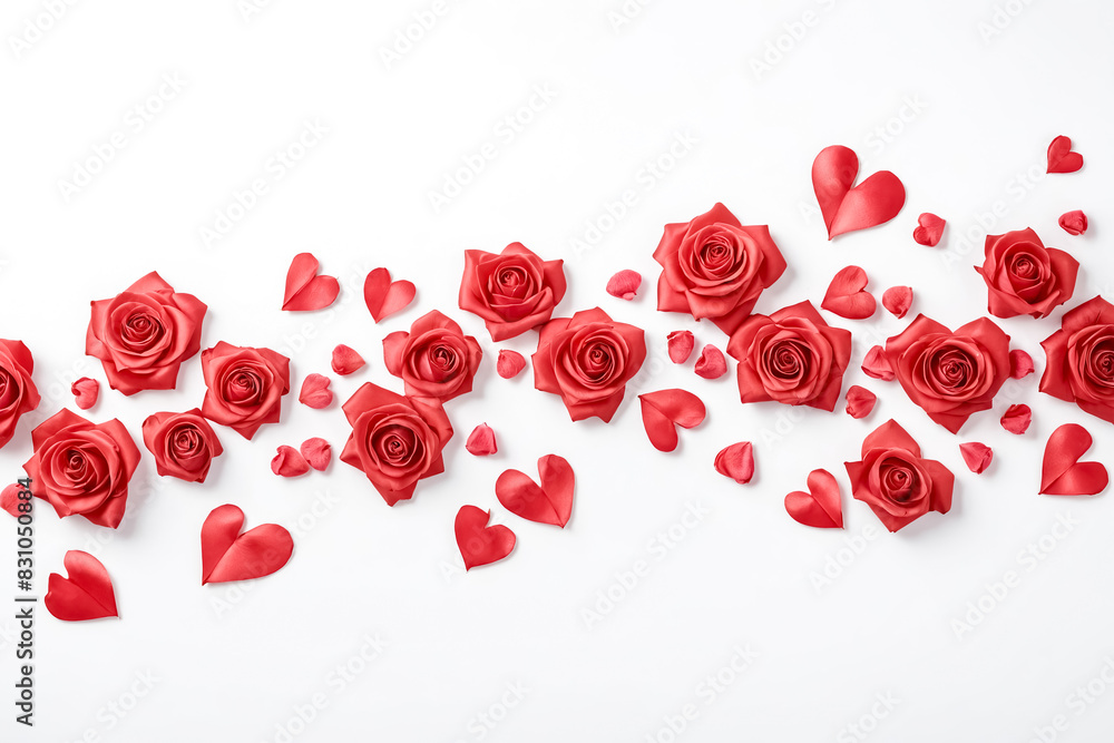 Red Roses and Hearts on White Background