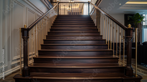 A luxurious American-style staircase with dark walnut steps and a brass railing  in a home with elegant  modern decor