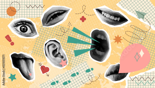 Banner in vintage new nostalgia collage style. New nostalgia background. Paper halftone human parts of body. Retro vector pop art design.