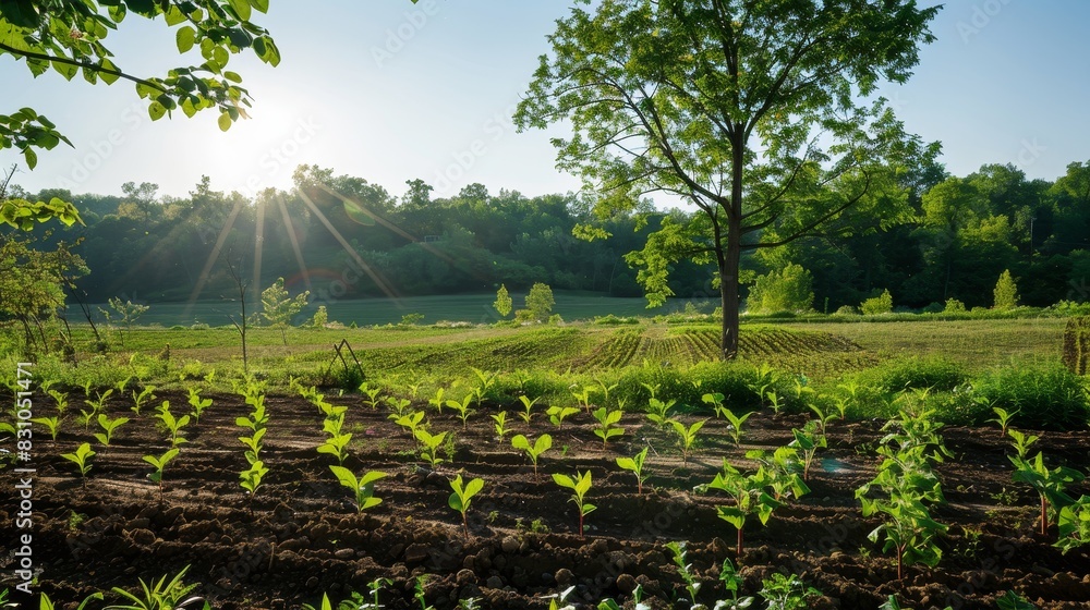Obraz premium Tranquil Agroforestry Landscape with Young Trees and Crops Bathed in Natural Light