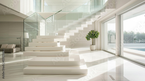 A minimalist American-style staircase featuring sleek  white steps and a glass railing  set in a spacious  modern home