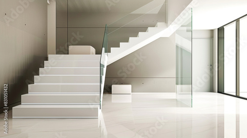 A minimalist American-style staircase featuring sleek  white steps and a glass railing  set in a spacious  modern home