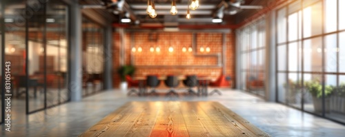 Conference room with red accents and glass walls  blurred background