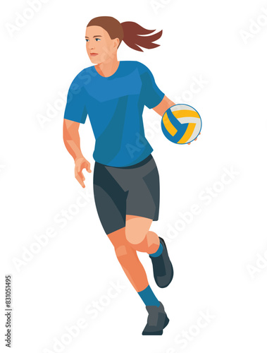 Girl figure of a women's volleyball player in a blue shirt runs with ball for throw it