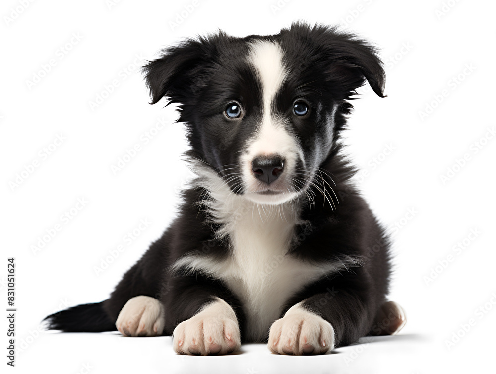 Fototapeta premium cute puppy in black and white color. an isolated dog. Concept of care, animal life, health, show, breed of dog. Copy space 