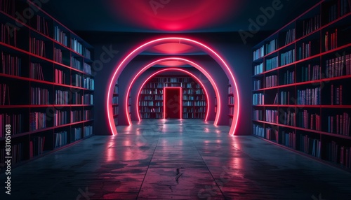 Wallpaper Mural A vast library with an open door in the middle, leading to a neon-lit world Torontodigital.ca