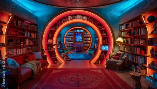 Huge library with shelves of books, centered by a neon-lit open door to another world