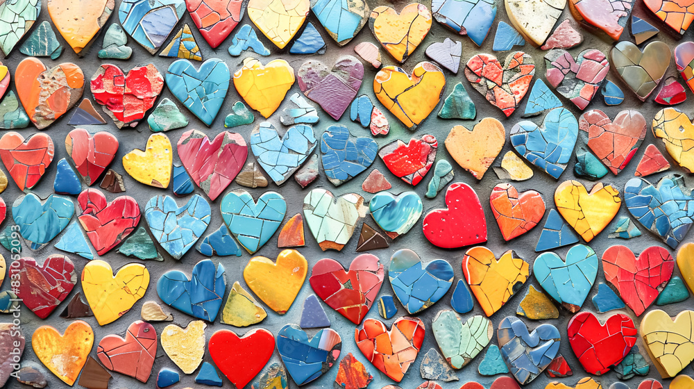A mosaic of colorful heart shapes, creating a vibrant and cheerful pattern A mosaic of colorful heart shapes, creating a vibrant and cheerful pattern