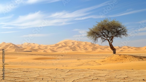 A single tree stands in the middle of a vast desert. 