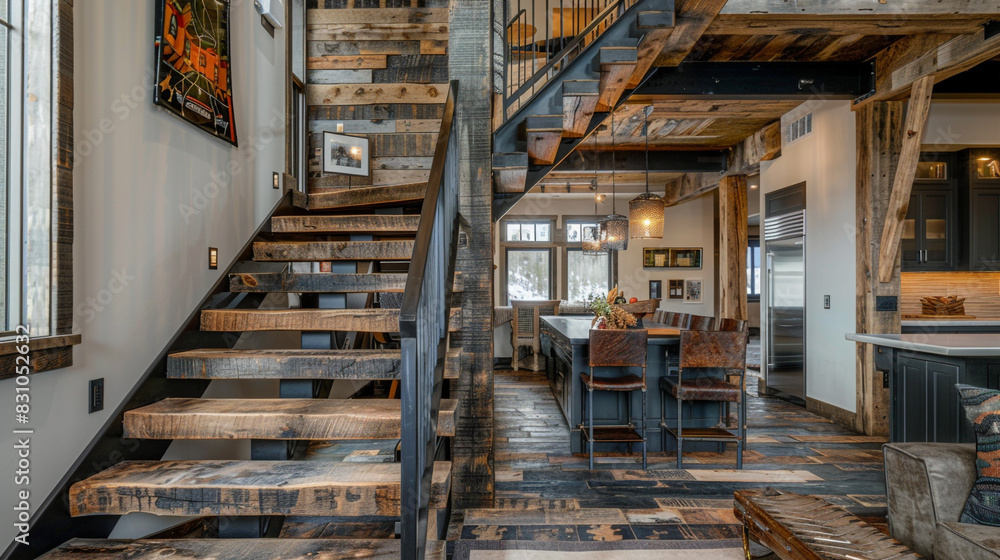 A rustic American-style staircase with reclaimed wood steps and a black metal railing, leading to a cozy loft space
