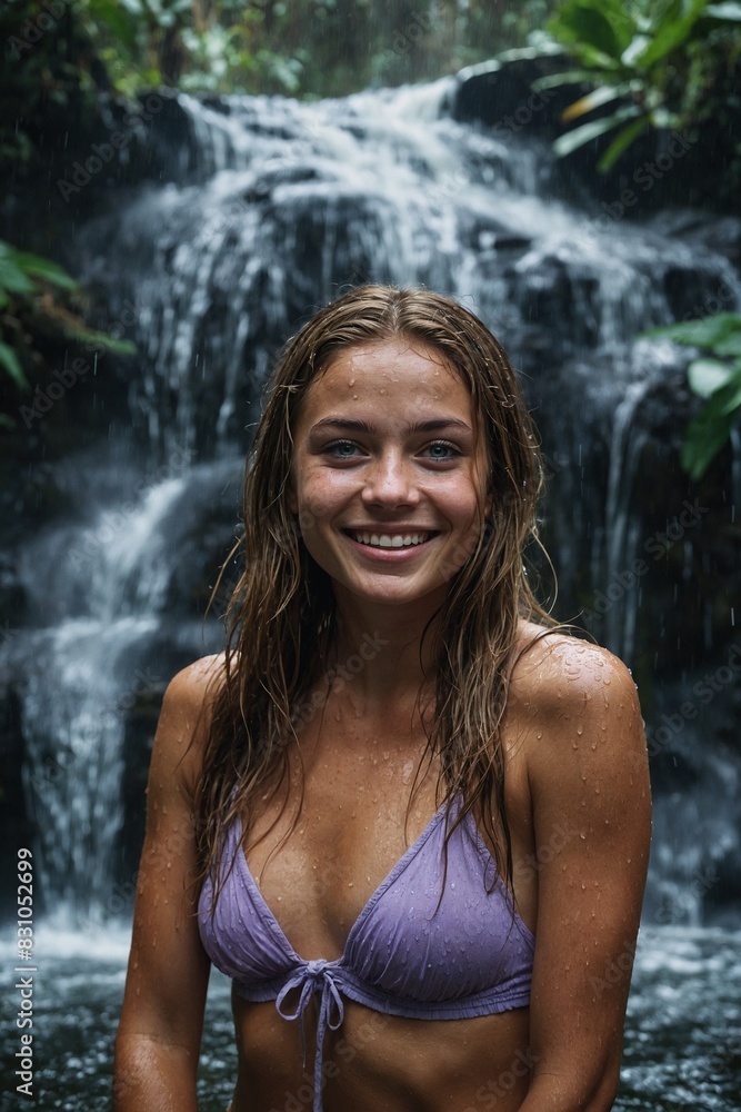 Beautiful and happy young woman at a waterfall in Bali on vacation relaxing by swimming and posing for photos. Beautiful and happy young woman at a waterfall in Bali on vacation relaxing by swimming and posing for photos.