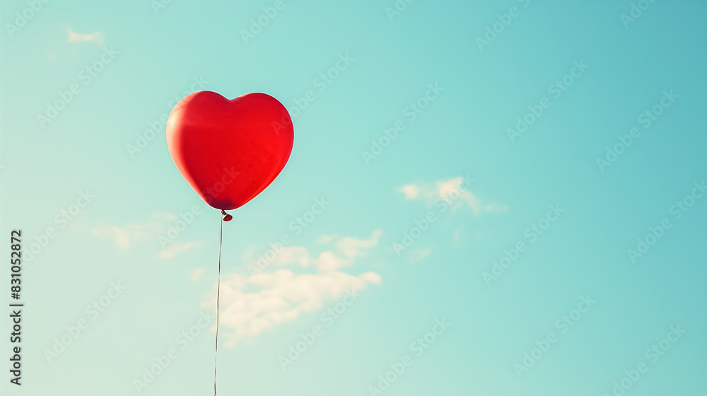 A red heart-shaped balloon floating in a clear blue sky, capturing a whimsical and joyful moment A red heart-shaped balloon floating in a clear blue sky, capturing a whimsical and joyful moment