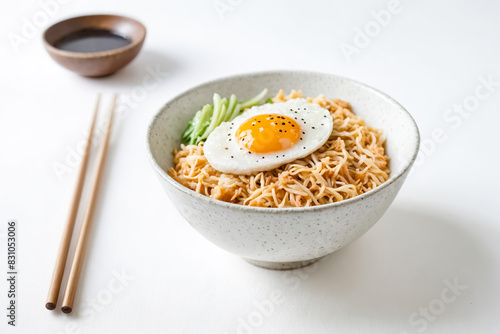 Close-up of a bowl of noodles with a fried egg on top