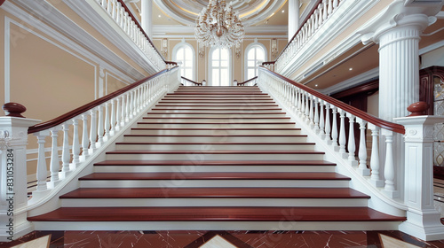A traditional American-style staircase with cherry wood steps and white spindles  complemented by a grand chandelier