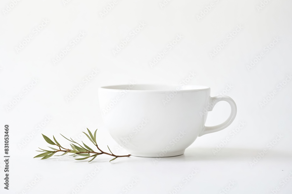 White cup with green leaves White cup with green leaves