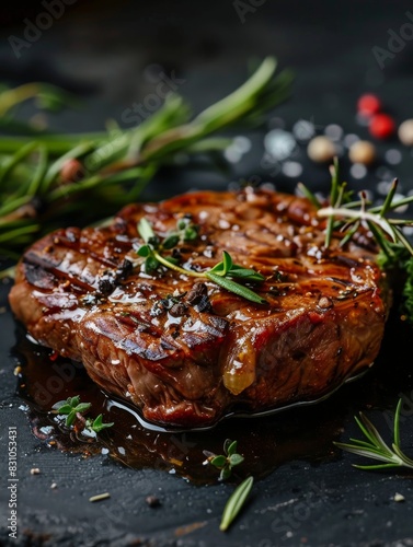 Succulent Cultured Meat Steak with Rosemary and Thyme Garnish on Grill, Close-Up Food Photography