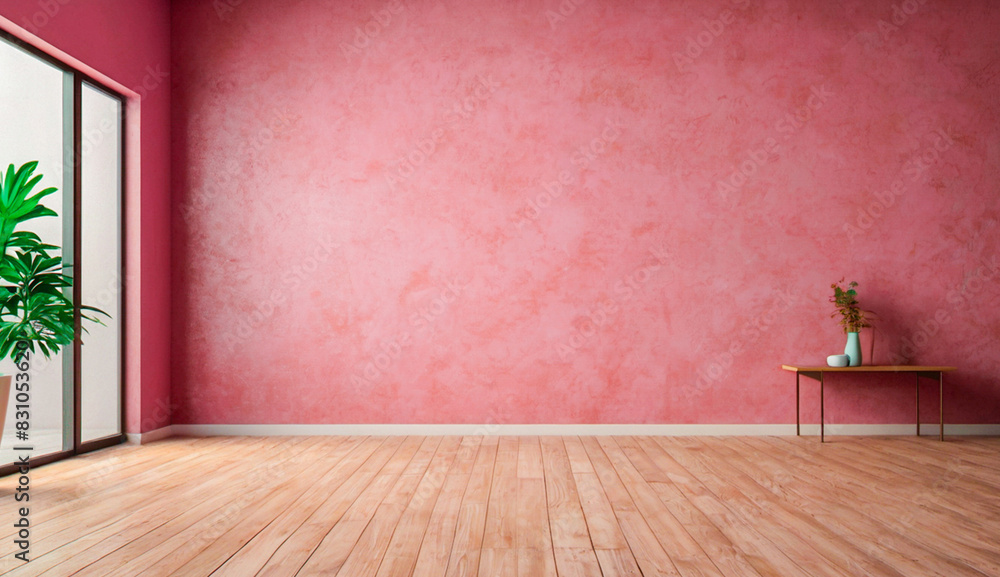 Pink empty modren wall and wooden brown floor with interesting with glare from the window. Interior background for the presentation.For displaying product.High quality photos Pink empty modren wall and wooden brown floor with interesting with glare from the window. Interior background for the presentation.For displaying product.High quality photos