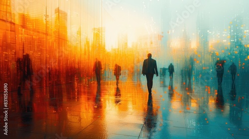 A group of people are walking down a city street. abstract color background