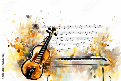 Violin and Piano with Sheet Music Watercolor Illustration with Copy Space
