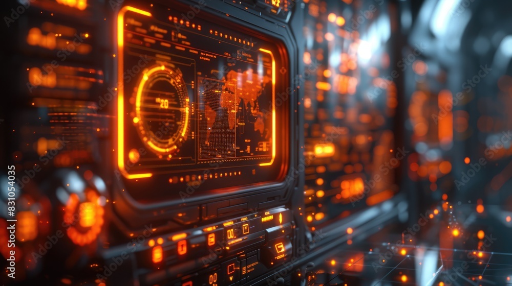 a control panel of a futuristic spaceship. The panel is made of dark metal and has several orange lights and displays. a control panel of a futuristic spaceship. The panel is made of dark metal and has several orange lights and displays.