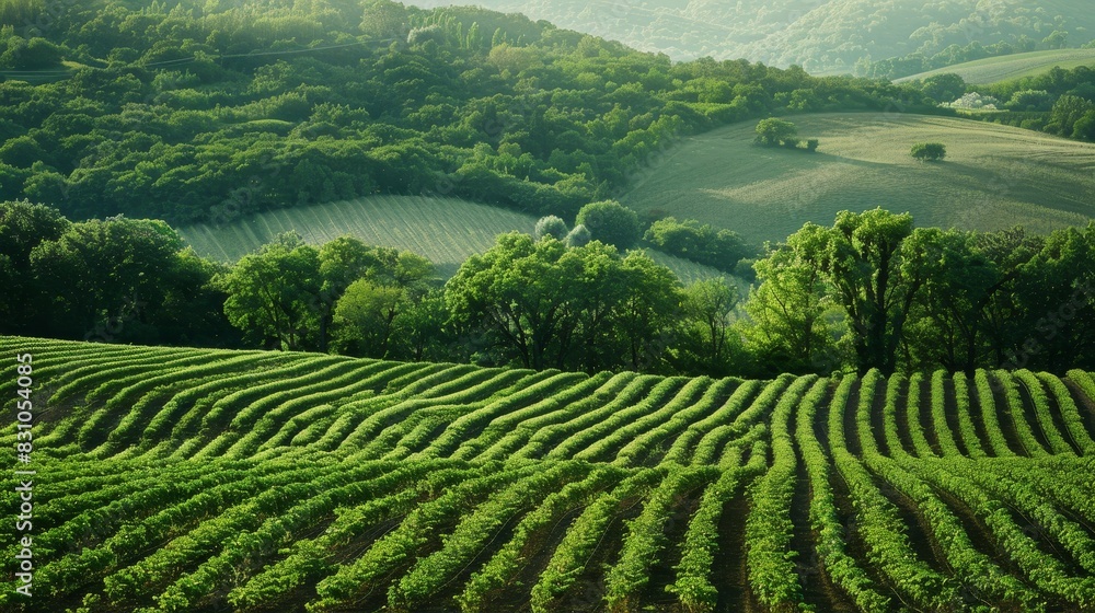 Serene Agroforestry Landscape with Green Trees and Lush Agriculture in Natural Light