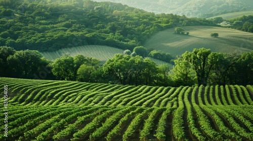 Serene Agroforestry Landscape with Green Trees and Lush Agriculture in Natural Light