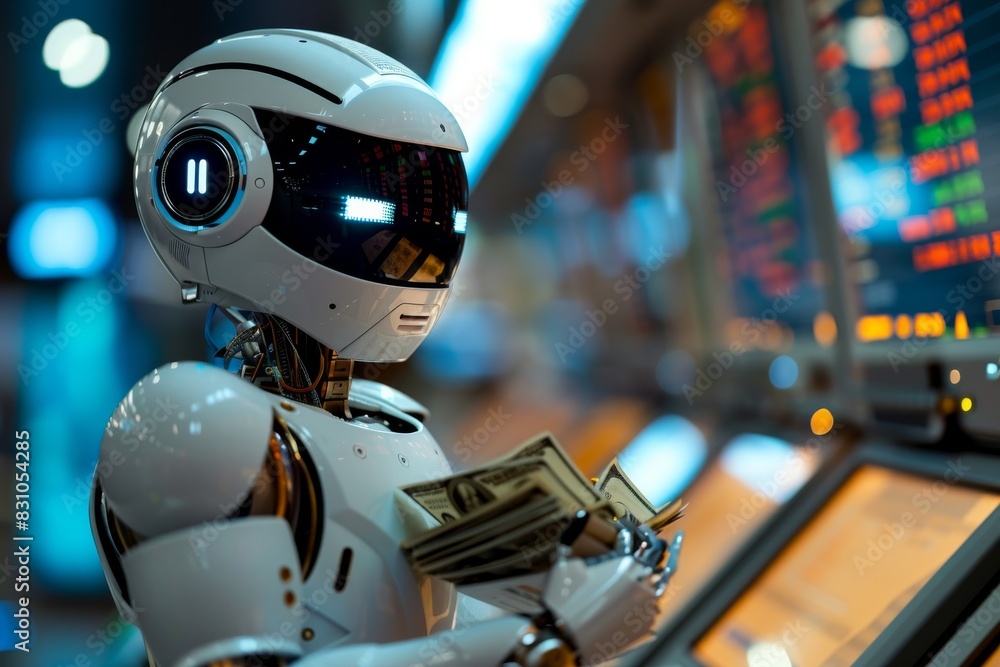 A robot is holding a money and stock chart on background A robot is holding a money and stock chart on background
