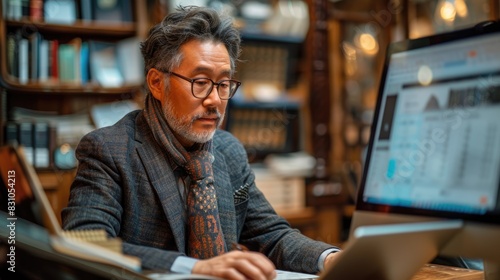 A thoughtful Asian man wearing glasses and a scarf is looking at a computer screen.  photo